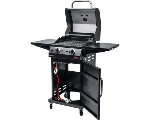 Gasgrill mit zwei Brennern, Seitenablagen und Unterschrank mit Türen