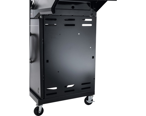 Detailansicht eines schwarzen Gasgrills mit Rollen
