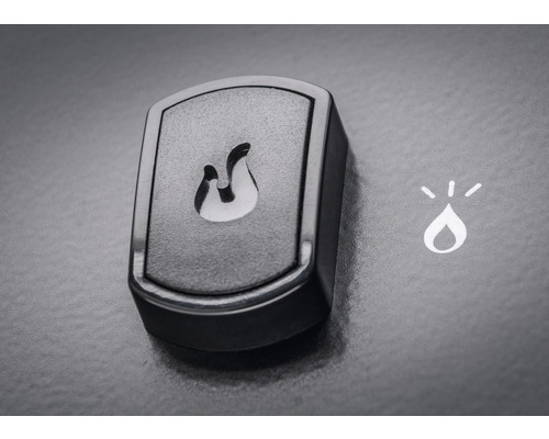 Detailaufnahme eines Bedienelements mit Flammensymbol und Wassertropfensymbol
