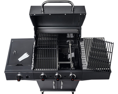 Offener Gasgrill mit Grillrost, Warmhalterost und Seitenkochfeld