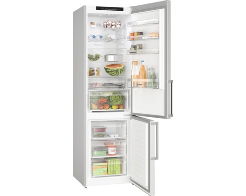 Geöffneter Kühlschrank mit Gefrierfach und Lebensmitteln
