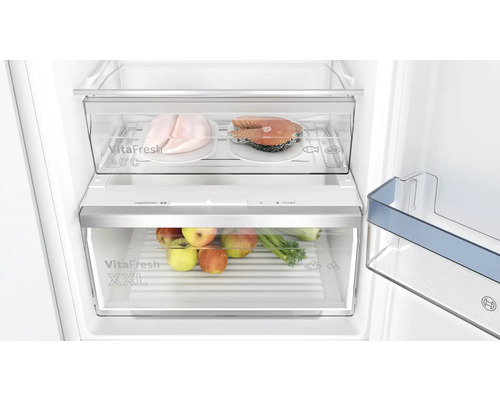 Innenansicht eines Kühlschranks mit zwei Schubladen für frische Lebensmittel, gefüllt mit Obst, Gemüse, Fisch und Fleisch