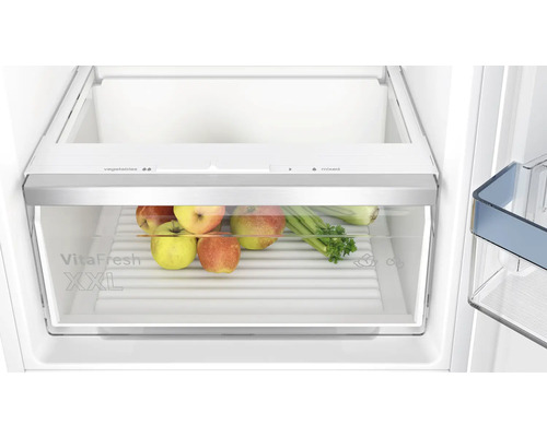 Gemüsefach im Kühlschrank mit Äpfeln und Sellerie