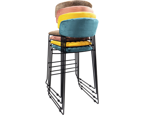 Stapel mit vier Barhockern mit Stahlgestell und gepolsterten Samtsitzen