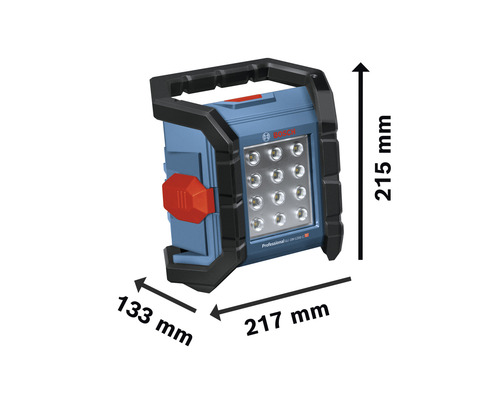 Bosch Logo. Bosch Akku Baustrahler mit Maßangaben.
