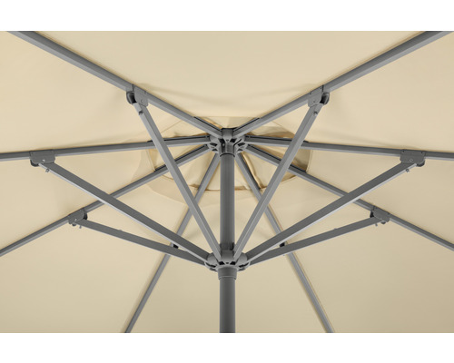 Detailaufnahme der Unterseite eines Sonnenschirms mit Gestell