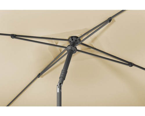 Detailaufnahme eines Sonnenschirms von unten mit Gestell und Schirmdach