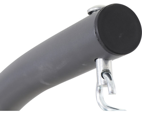 Detailansicht einer grauen Hängesesselhalterung mit schwarzer Endkappe und silberfarbenem Haken