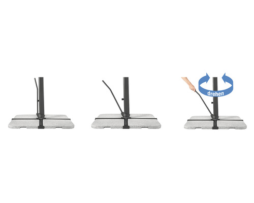 Dreiteilige Darstellung eines Sonnenschirmständers mit Drehfunktion