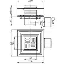 Alcadrain Bodenablauf 105 x 105 mm mit waagerechten Abgang DN 75 mm, Edelstahl Rost, Edelstahl-Dichtungflansch und Manschette-2. Abdichtung, Geruchsverschluss mit Sperrwasser und mit Klappe-thumb-1