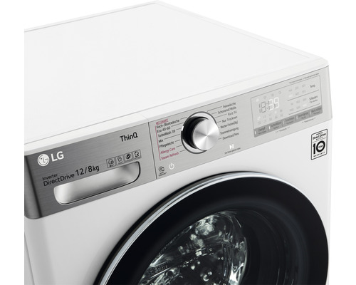 Detailaufnahme einer Waschmaschine mit ThinQ Technologie und Direct Drive Motor von LG, Kapazität 12/8 kg