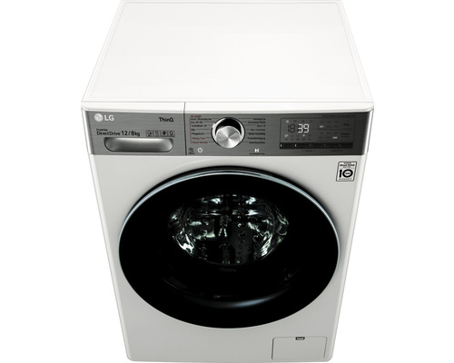 Frontansicht einer weissen LG Waschmaschine mit einer Kapazität von 12/8 Kilogramm.