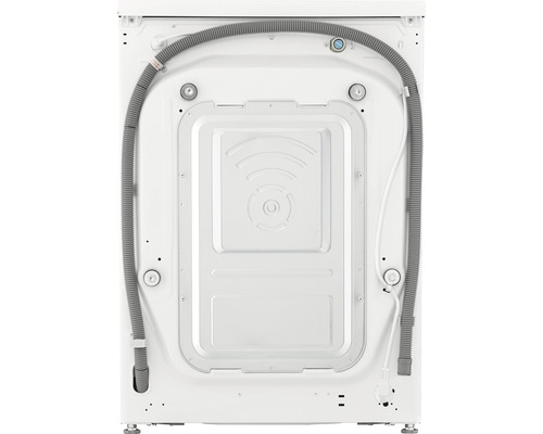 Rückansicht einer Waschmaschine mit Anschlüssen und Abdeckung