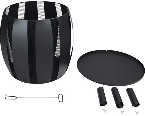 Feuerkorb aus Metall mit Zubehör wie Schürhaken, Bodenplatte und Standfüßen