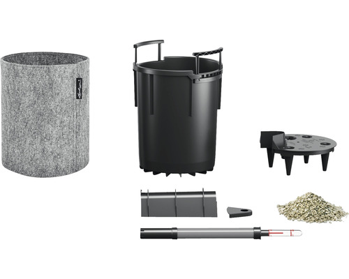 Komplettset bestehend aus Pflanzgefäß, Pflanzeinsatz, Erdfeuchtemesser, Substrat und Zubehör