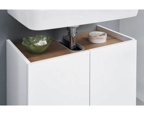 Detailansicht eines Badezimmerschranks unter einem Waschbecken mit Ablagefläche