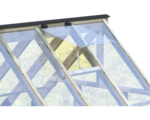 Detailansicht Gewächshausdach mit Fenster und Öffnungsmechanismus