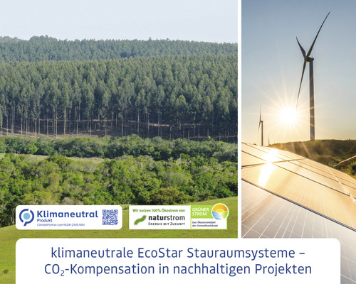 Klimaneutrale EcoStar Stauraumsysteme mit Wald, Windrad, Solaranlage und Nachhaltigkeitssiegel