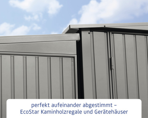 Detailansicht eines EcoStar Kaminholzregals und Gerätehauses
