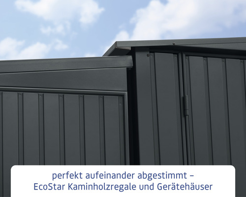 Detailaufnahme von EcoStar Kaminholzregalen und Gerätehäusern