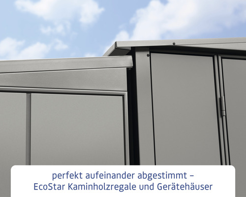 Detailansicht eines EcoStar Gerätehauses mit Regalen