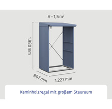 Kaminholzregal mit Maßangaben für Höhe, Breite und Tiefe