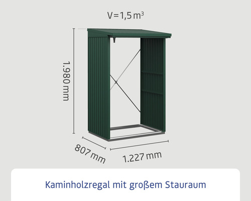 Kaminholzregal mit den Maßen 1980 mm Höhe, 807 mm Breite und 1227 mm Tiefe