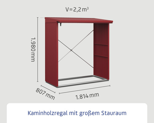 Kaminholzregal mit den Maßen 1980 x 1814 x 807 Millimeter und einem Volumen von 2,2 Kubikmetern