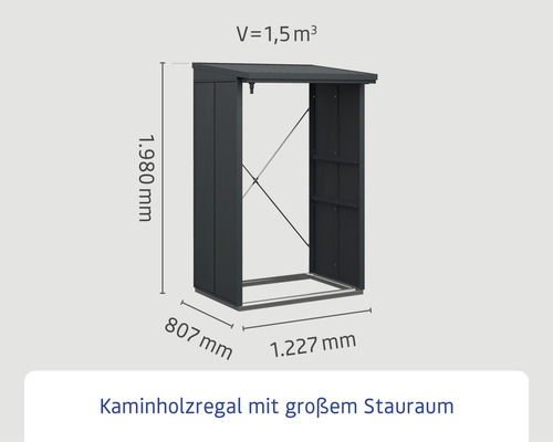 Kaminholzregal mit den Maßen 1.980 mm Höhe, 807 mm Breite und 1.227 mm Tiefe für 1,5 Kubikmeter Brennholz