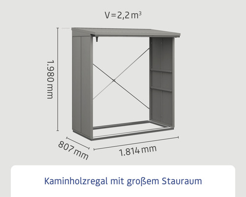 Kaminholzregal mit Maßangaben: 1.980 mm Höhe, 807 mm Tiefe, 1.814 mm Breite und 2,2 Kubikmeter Volumen