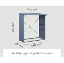 Kaminholzregal mit den Maßen 1.980 mm Höhe, 807 mm Tiefe und 1.814 mm Breite