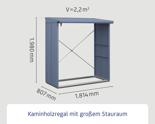 Kaminholzregal mit den Maßen 1.980 mm Höhe, 807 mm Tiefe und 1.814 mm Breite