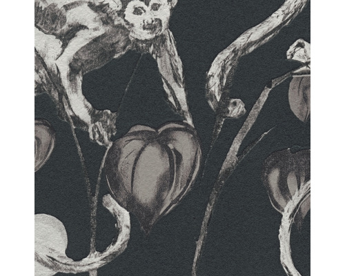 Detailansicht einer Tapete mit Pflanzen- und Affenmotiven