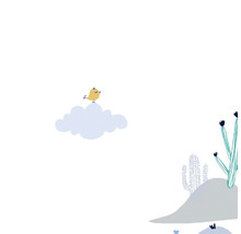 Illustration mit einem Vogel auf einer Wolke und Kakteen