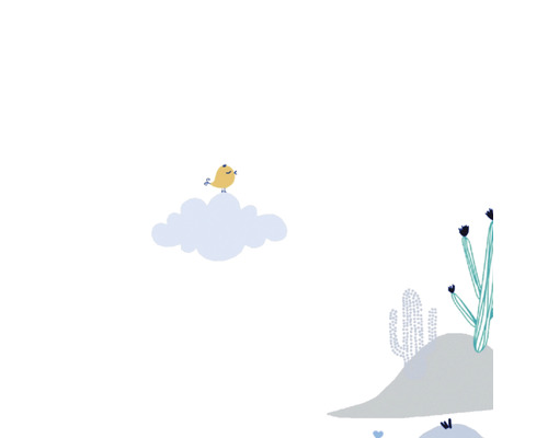 Illustration mit einem Vogel auf einer Wolke und Kakteen