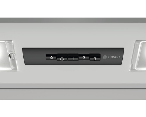 Bedienelemente einer Dunstabzugshaube mit Schiebeschaltern und Bosch Logo.