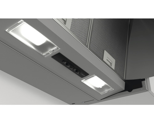 Dunstabzugshaube mit Beleuchtung und Bedienelementen.