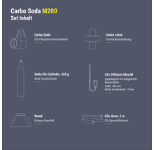 Carbo Soda M200 Set Inhalt: CO2 Präzisions-Druckminderer, CO2 Rücklaufsicherung, Soda CO2 Zylinder mit 425 g, CO2 Diffusor Ultra M, Standfuß und CO2 Spezial-Schlauch mit 2 m Länge.