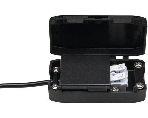 Offene schwarze Kabelanschlussdose mit Schraubverbindungen