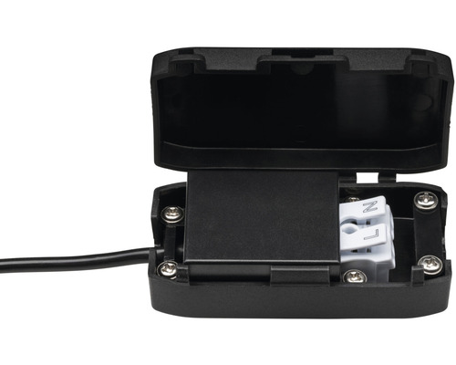 Aufgeschraubte Anschlussdose mit offenem Deckel und Kabelanschluss