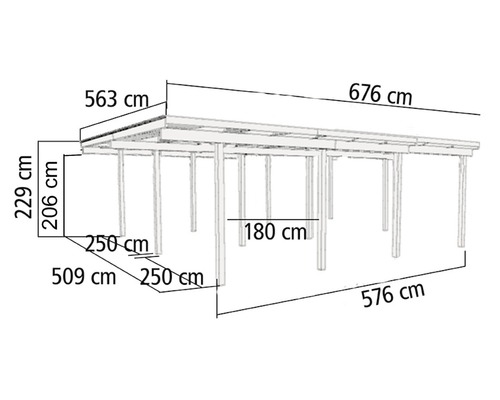 Technische Zeichnung eines Holzunterstandes mit Maßangaben