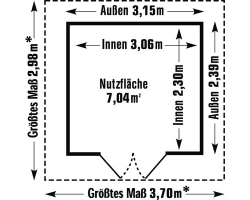 Grundriss mit Außenmaßen 3,15 Meter mal 2,39 Meter und Innenmaßen 3,06 Meter mal 2,30 Meter, Nutzfläche 7,04 Quadratmeter