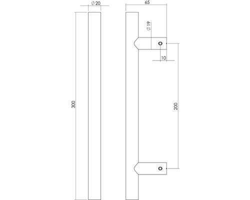 Technische Zeichnung eines Türgriffs mit Maßangaben
