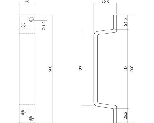 Technische Zeichnung eines Stangengriffs mit Maßangaben