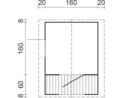 Grundriss eines Gartenhauses mit Tür und Treppe
