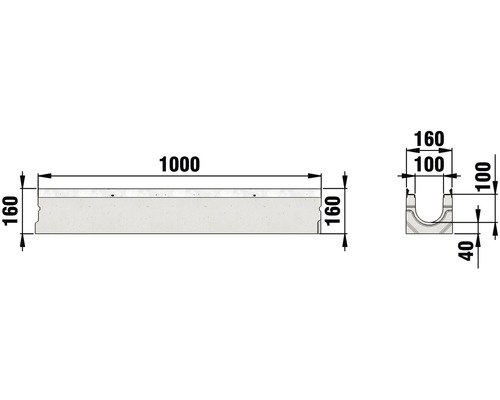 Abbildung mit Maßangaben einer Entwässerungsrinne, Länge 1000 mm