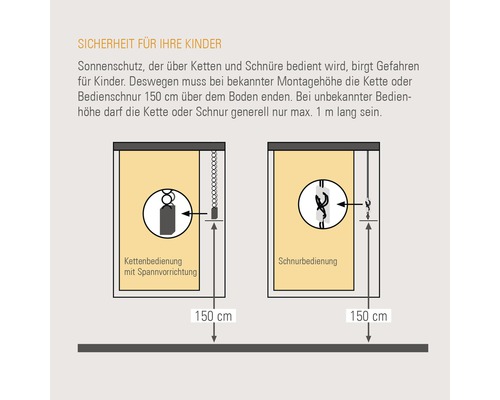 Illustration zur Kindersicherheit bei Sonnenschutzprodukten mit Ketten- und Schnurbedienung, die Kette oder Schnur sollte 150 cm über dem Boden enden.