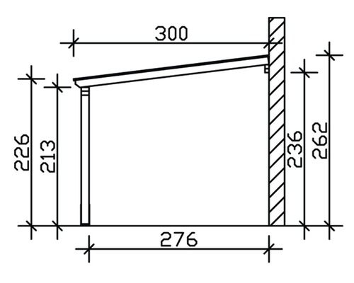 Technische Zeichnung einer Unterstandskonstruktion mit Maßen