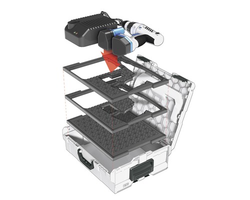 Werkzeugkoffer mit Akku-Bohrschrauber, Akkus und Ladegerät mit Einlegeböden