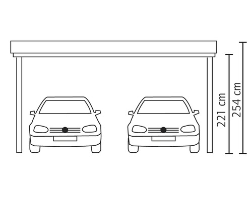 Abbildung eines Doppelcarports mit Maßangaben: Höhe 221 Zentimeter, Gesamthöhe 254 Zentimeter.